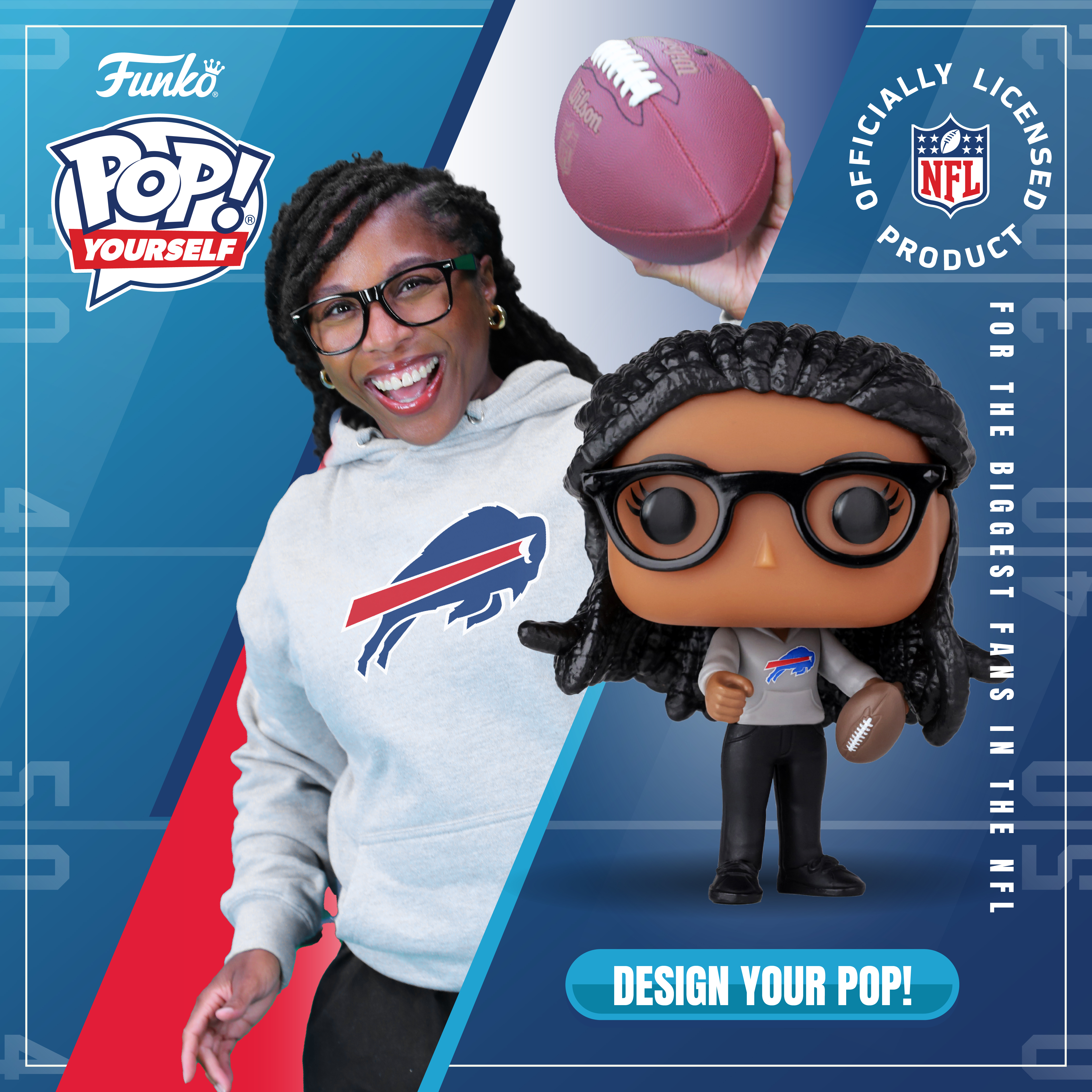 Marisa Dabney and her POP! Yourself figure, wearing an NFL hoodie